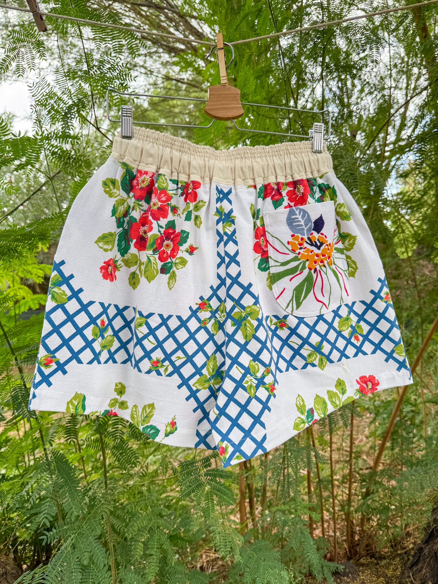 RED FLORAL TABLECLOTH SHORTS (MEDIUM/LARGE)