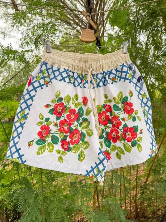 RED FLORAL TABLECLOTH SHORTS (MEDIUM/LARGE)