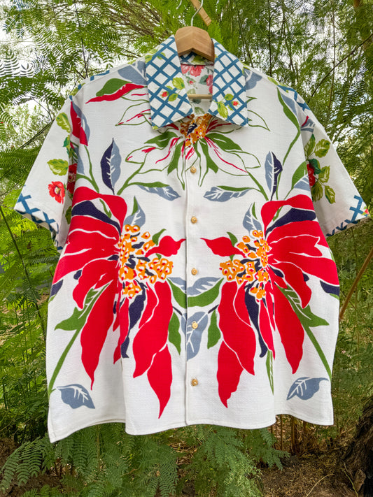 RED FLORAL TABLECLOTH BUTTON UP (MEDIUM)