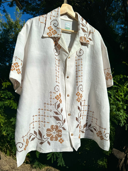 Brown Floral Embroidered Button Up (LARGE)